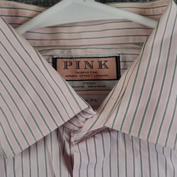 Thomas Pink Long Sleeve Button Up Shirt Men Cotton Striped Pink Slim Size 17 - Picture 11 of 14